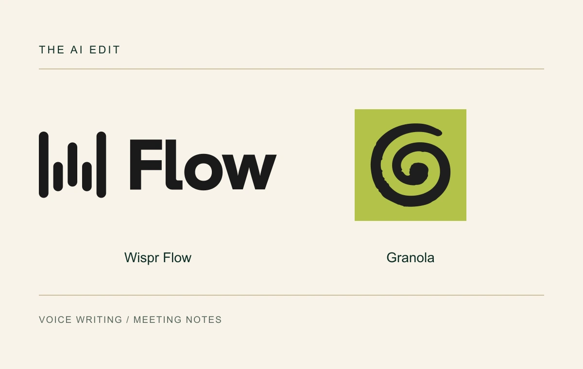 Authentic Wispr Flow, Granola logos arranged for an editorial comparison